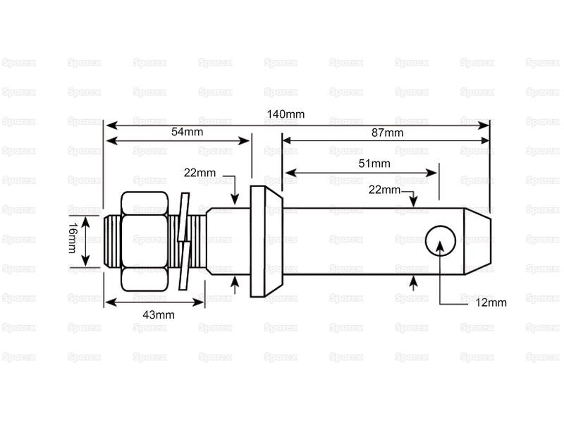 Lower link implement pin 22x140mm, T 5/8x43mm