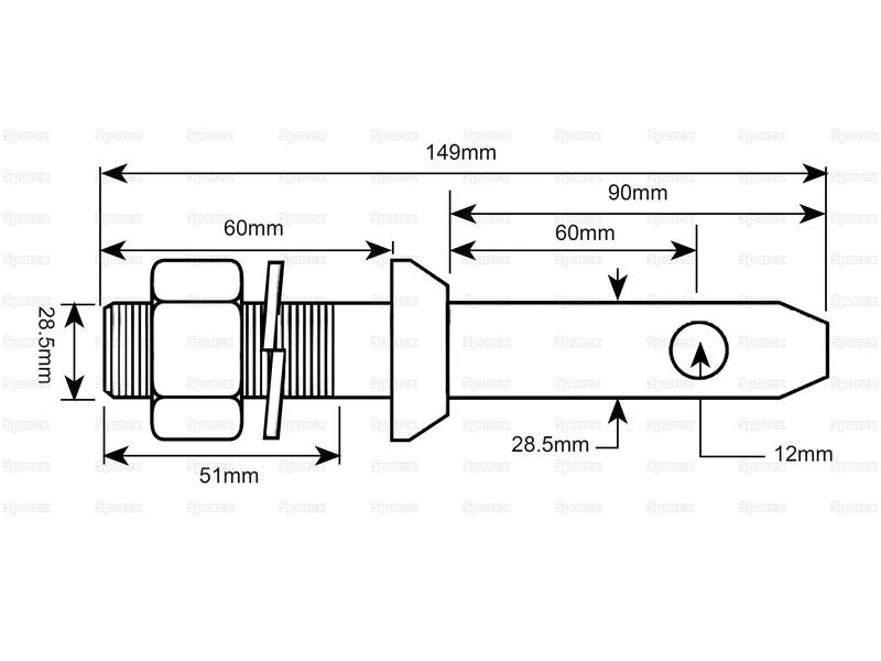 Lower link pin 28x149mm, T 1-1/8x51mm