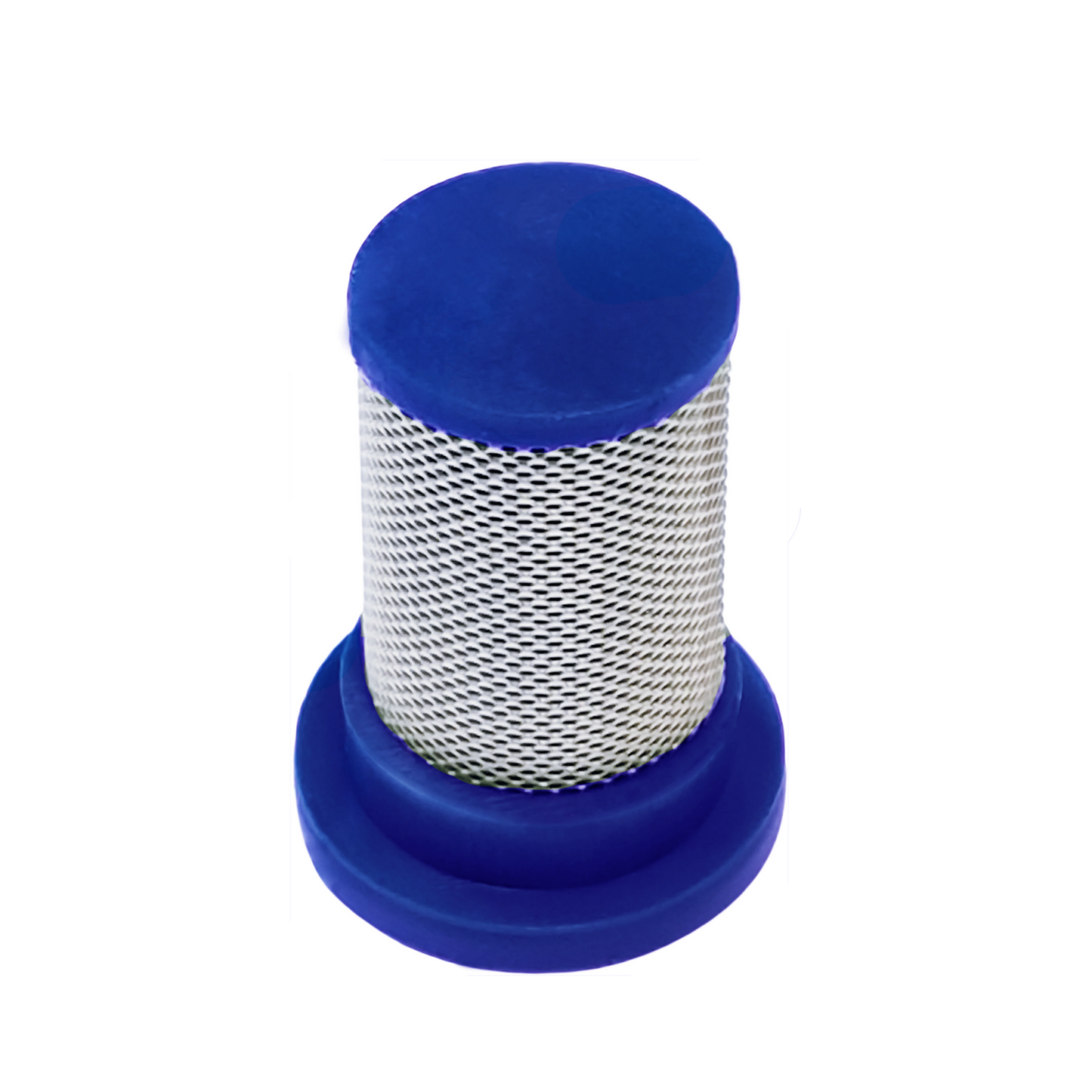 An ARAG brand anti-drip filter with a blue top and a metal mesh body designed for golf club shafts.