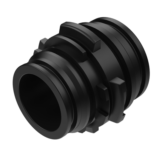 A black plastic reduction nipple for plumbing.