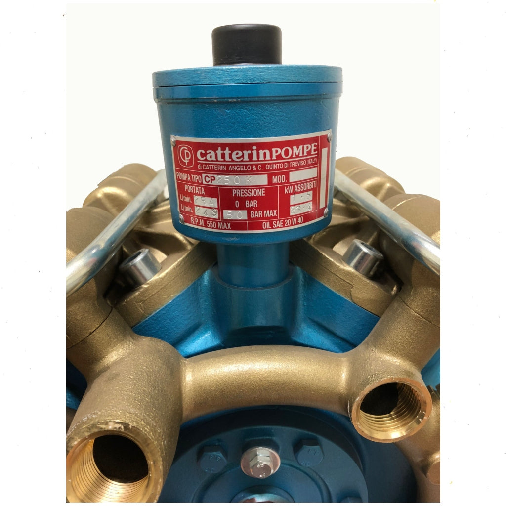 A Catterin CP250 K 254 Pump, featuring a gold and blue colour scheme with six pistons and a central drive shaft, designed for heavy-duty hydraulic applications.